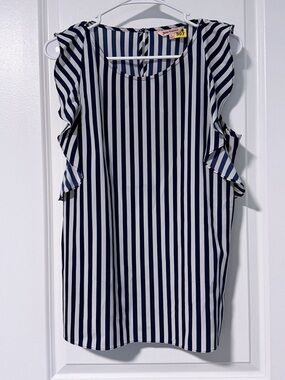 Juicy Couture Navy & White Vertical Stripe Ruffle Sleeve Blouse